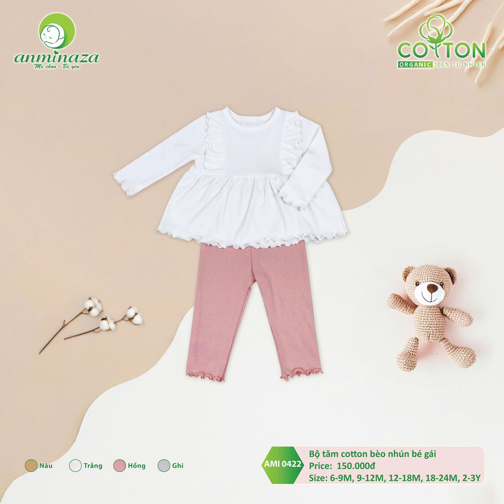 Bộ Tăm Dài Tay Bé Gái Anminaza Béo Nhún Xinh Điệu Đà Vải Co Dãn Thấm Hút - Hàng Chính Hãng AMI0422
