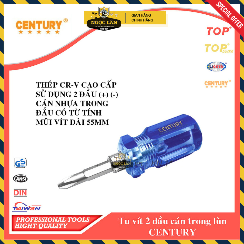 [Chính hãng] Tua vít lùn Century 2 đầu dẹp và bake 55mm có từ tính tiện lợi cao cấp