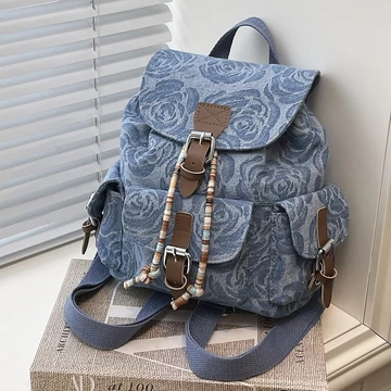 Mới Retro Denim Hoa Hồng Ba Lô Ba Lô Đi Học Ba Lô Ba Lô Ba Lô Ba Lô Ba Lô
