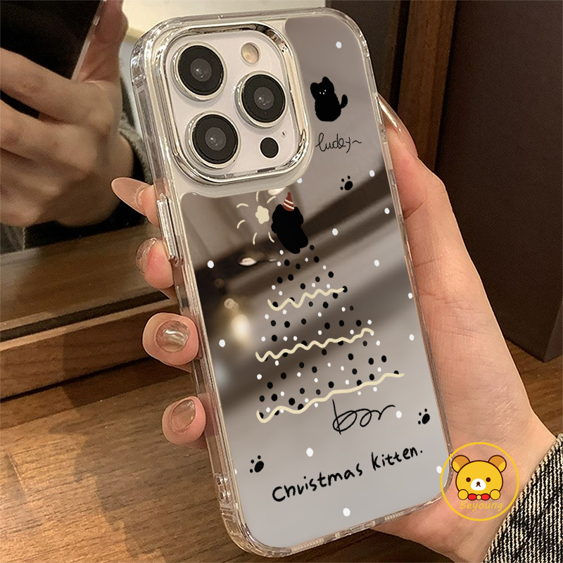 Vỏ Gương Mèo Giáng Sinh Cho Tecno Spark Go 2 1 2024 40 40C 30 30C 10 Pro 9 8C 6 5 Air Go 2025 2022 5G 4G Vỏ Điện Thoại Hoạt Hình Ốp Lưng Chống Sốc Dễ Thương