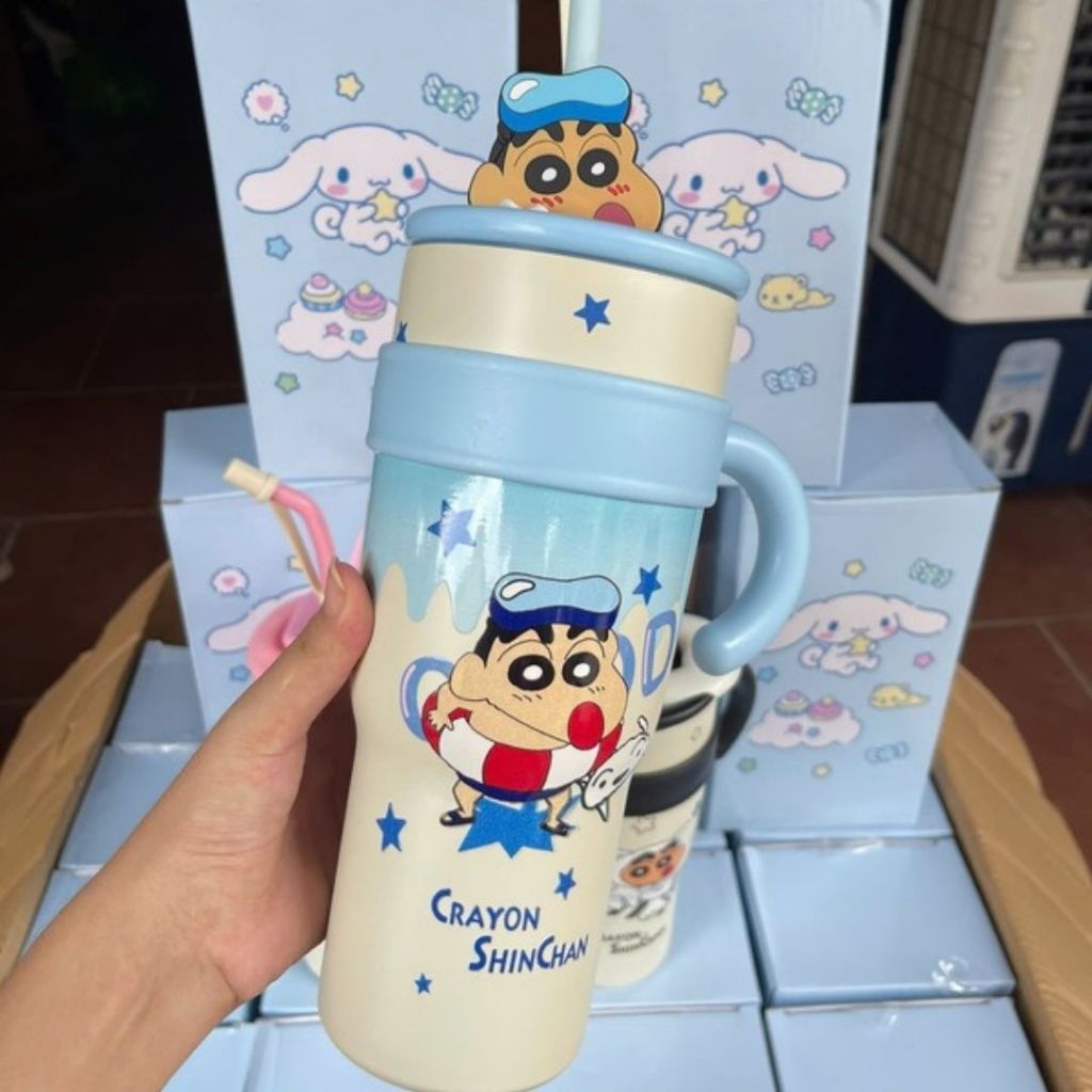 Cốc Giữ Nhiệt Cao Cấp Hoạt Hình Dễ Thương Crayon Shin-chan Inox 304, Có Nắp Và Tay Cầm