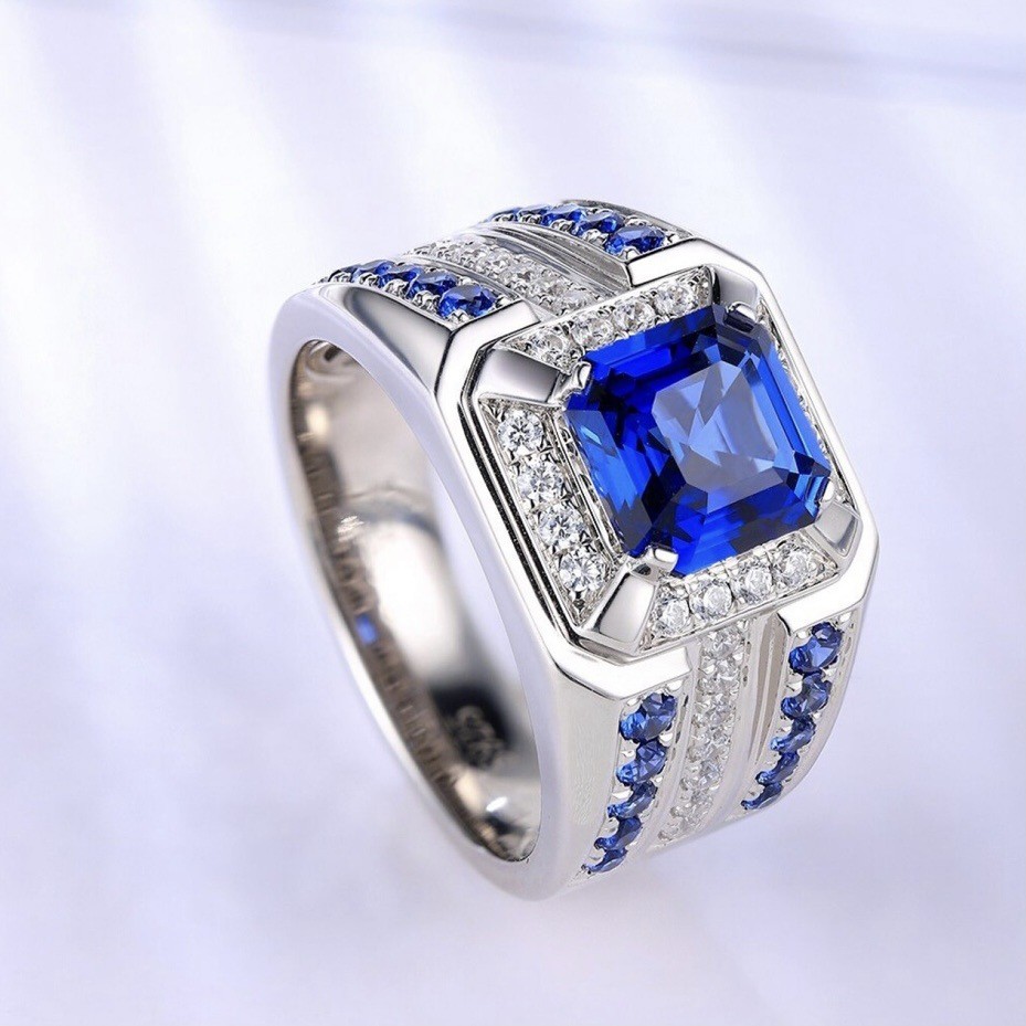 Nhẫn Kim Cương Zircon Hợp Kim Bạc Phong Cách Kẻ Sọc Xanh Vuông