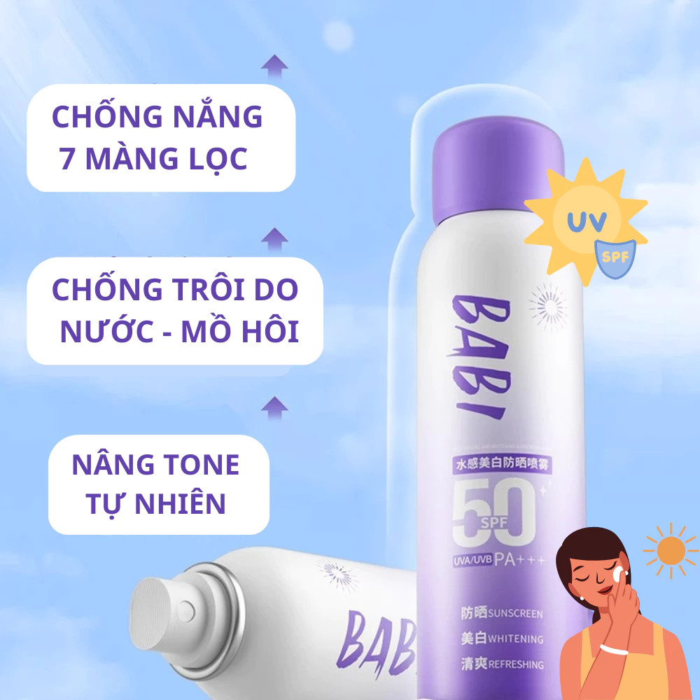 xịt chống nắng nâng tone BABA100ml, SPF50 PA+++ hấp thụ tia cực tím, dưỡng trắng, xịt chống nắng body
