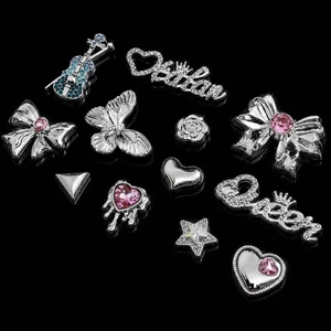 Set Charm Queen Chrome Bạc Đính Đá Pha Lê Hồng Bướm Nơ Guitar Trái Tim Cao Cấp Trang Trí Dép Y2K Luxury