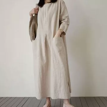 Hàn Quốc Hàn Quốc Sang Trọng Cotton Vải Lanh Nữ Trung Chiều Dài Phiên Bản Hàn Quốc Rời Size Lớn Thời Trang Túi Lớn Vải Lanh Váy Thường Ngày