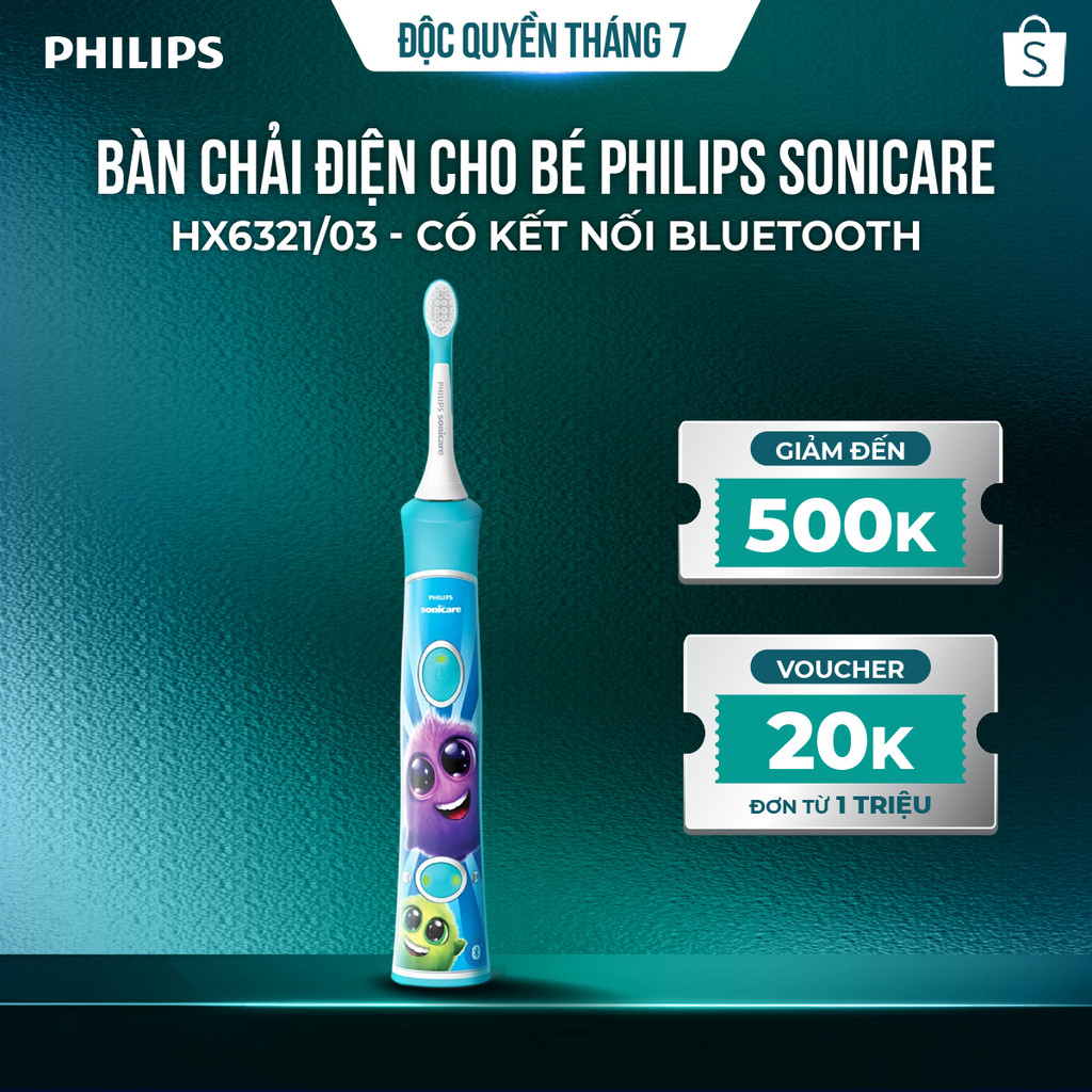 Bàn chải điện cho bé Philips Sonicare HX6321/03 – Kết nối App Bluetooth, hướng dẫn và theo dõi đánh răng cho bé