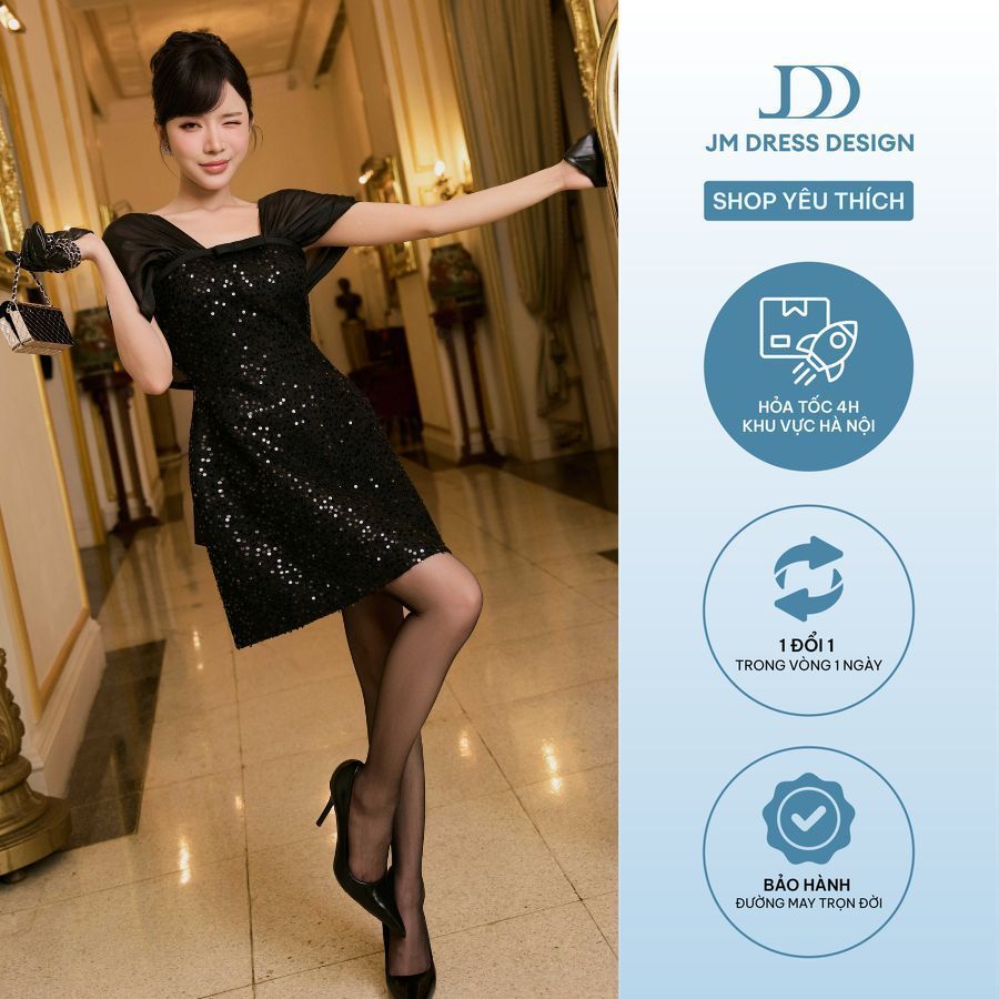Đầm Party Dáng A Tay Cách Điệu 1P03.2605, Đầm Sequin Đen Phối Cape Xuyên Thấu Sang Trọng, Váy Dự Tiệc Cưới Kim Sa By JM