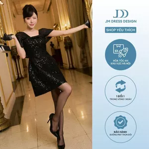 Đầm Party Dáng A Tay Cách Điệu 1P03.2605, Đầm Sequin Đen Phối Cape Xuyên Thấu Sang Trọng, Váy Dự Tiệc Cưới Kim Sa By JM