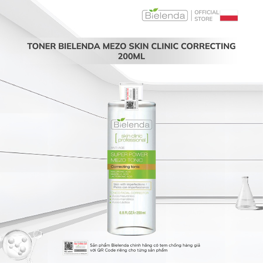 Toner Bielenda Mezo Skin Clinic Correcting hỗ trợ ngừa mụn, mờ thâm, căng bóng da 200ml
