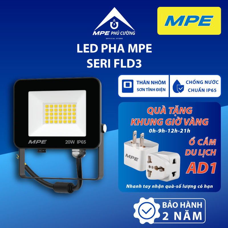 ĐÈN LED FLOODLIGHT SERIES FLD3 chính hãng MPE. đèn pha sản xuất tiêu chuẩn châu Âu với 2 loại ánh sáng: trắng, vàng.