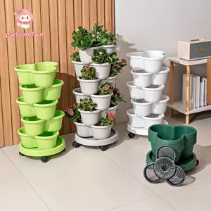 PWSSEND Chậu hoa có thể xếp chồng lên nhau, Chậu hoa bằng nhựa nhiều lớp, có bánh có thể di chuyển Tháp dọc Tháp trồng dâu Vườn nhà