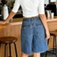 MAPLEPOET-Nữ Rời Phù Hợp Với Quần Short Denim Zip Bay Có Nút Đóng Chiều Dài Đầu Gối Quần Short Bermuda Để Mặc Hàng Ngày
