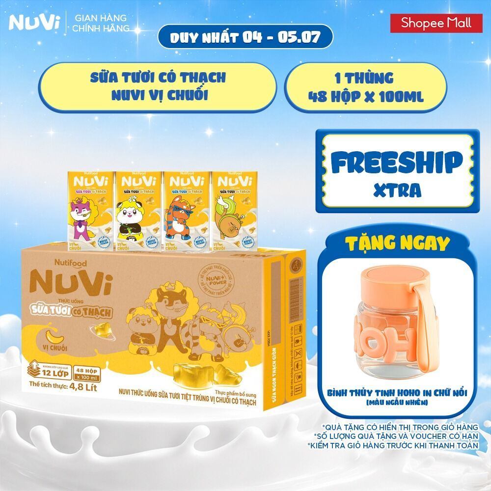 Thùng 48 Hộp NuVi Thức Uống Sữa Tươi Tiệt Trùng Vị Chuối Có Thạch 100 ml
