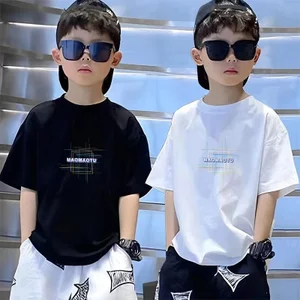 Bé Trai Trắng Nguyên Chất Cotton Ngắn Tay Mùa Hè Rời Vừa Lớn Trẻ Em Bé Thời Trang Nửa Tay Bé Trai Top RDGX
