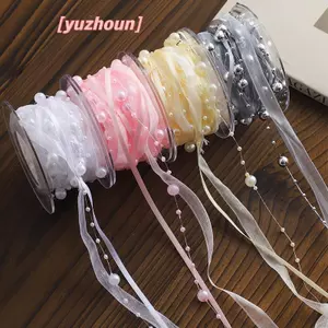 1 Cuộn 4,5m Hạt Sợi Hoa Vật Liệu Gói Quà Ruy Băng Ngọc Trai Sáng Tạo Quần Áo May Đính Hạt Ngọc Trai Gói Hoa Ruy Băng