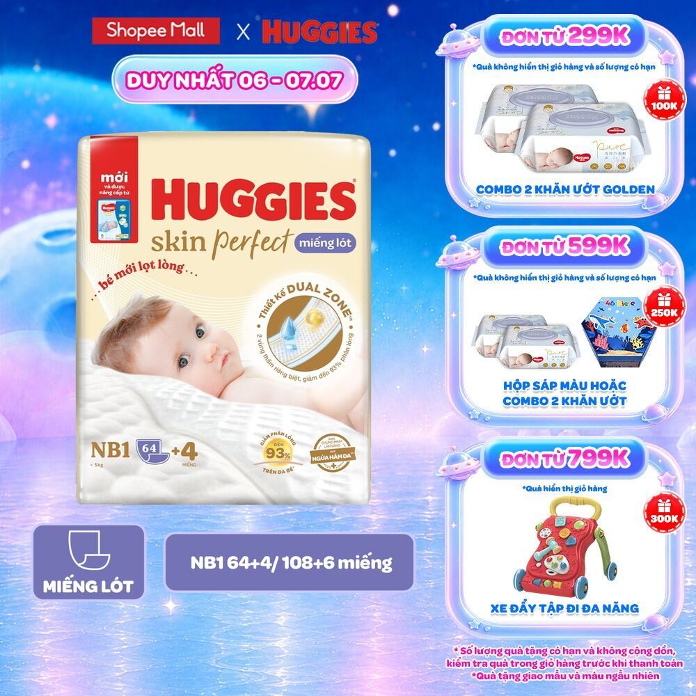 Miếng lót sơ sinh Huggies Skin Perfect NB1 64+4/NB1 108+6 miếng với 2 vùng thấm giảm kích ứng da