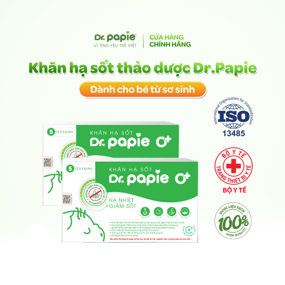 Combo 2 Khăn Hạ Sốt Bé Sơ Sinh Chiết Xuất Thảo Dược Giảm Sốt Chuẩn Nhi Khoa Ngăn Ngừa Co Giật Dr.Papie 0+ (25 khăn/hộp)