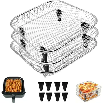 Giá đỡ nồi chiên không khí xếp chồng lên nhau 3 tầng, Khay khử nước vuông bằng thép không gỉ 8 "x8" x1.7 "Phụ kiện nồi chiên không khí có chân chống trượt cho Ninja Cosori Chefman Máy chiên không khí 