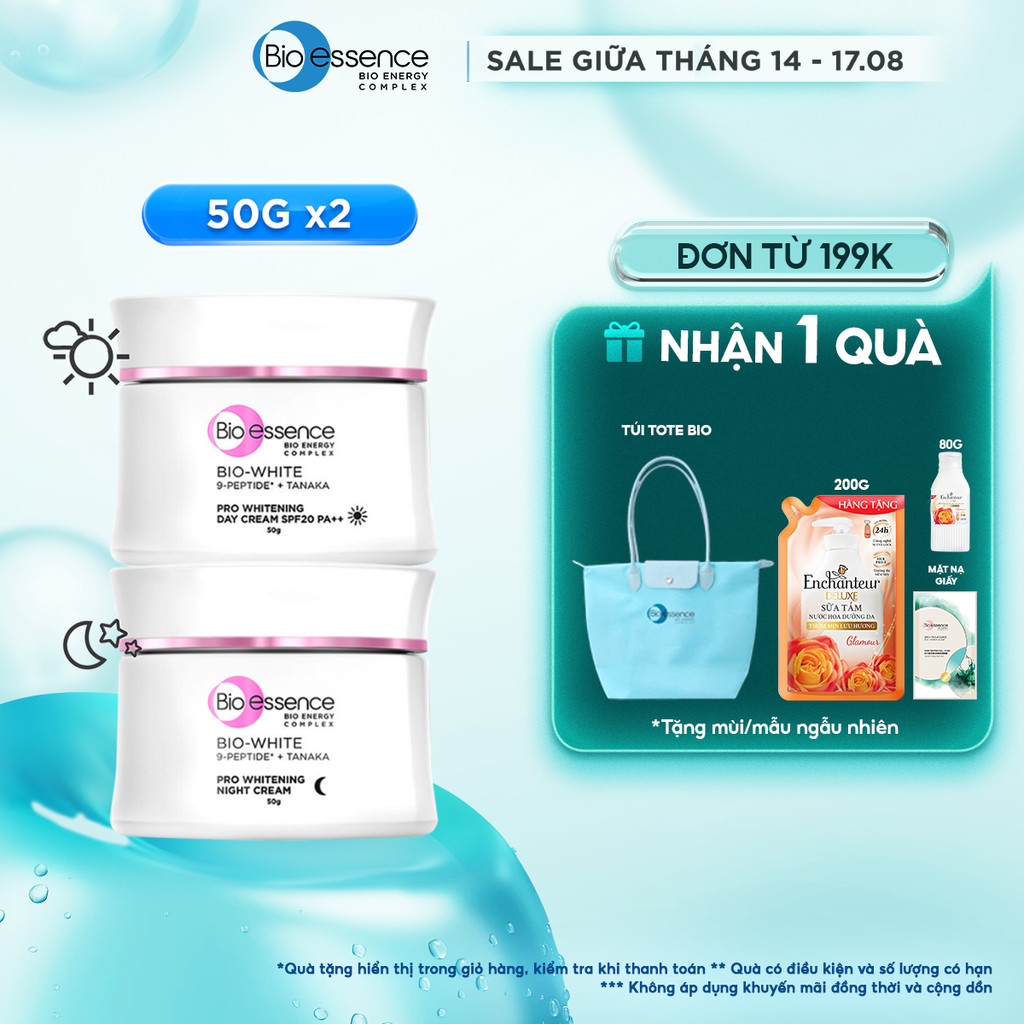 Bộ đôi Kem dưỡng trắng da ngày & đêm cho da sáng mịn rạng rỡ Bio essence Bio-White Pro Whitening 50gx2