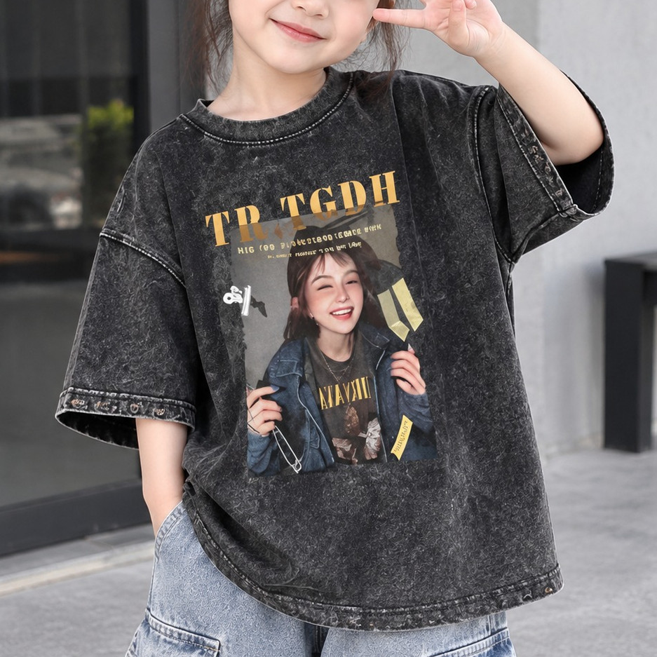 COD 1 cotton mát mẻ Vintage Áo thun dáng rộng cho bé trai và bé gái Vải mềm Phong cách phổ biến Thoải mái khi mặc