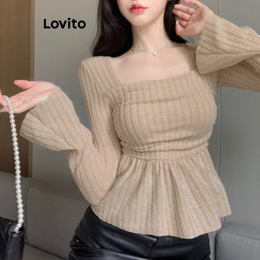 Lovito Áo thun mùa thu và áo thun cổ vuông xếp trơn thường ngày mùa đông dành cho nữ LNE29197