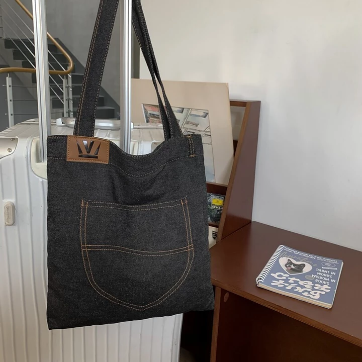 túi tote da túi xách kẹp nách Túi vải denim mùa hè, túi đeo chéo xách tay một bên cùng kiểu dáng cho nam và nữ có dung tích lớn, túi đi lại đi làm mua sắm hàng  – 7
