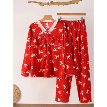 set thu đông nữ set đồ ngủ dài Đồ ngủ bằng vải cotton quần dài tay mẫu mỏng mùa hè mẫu xuân thu cho nữ mặc nhà bộ đồ cotton nhân tạo giản dị cho nữ