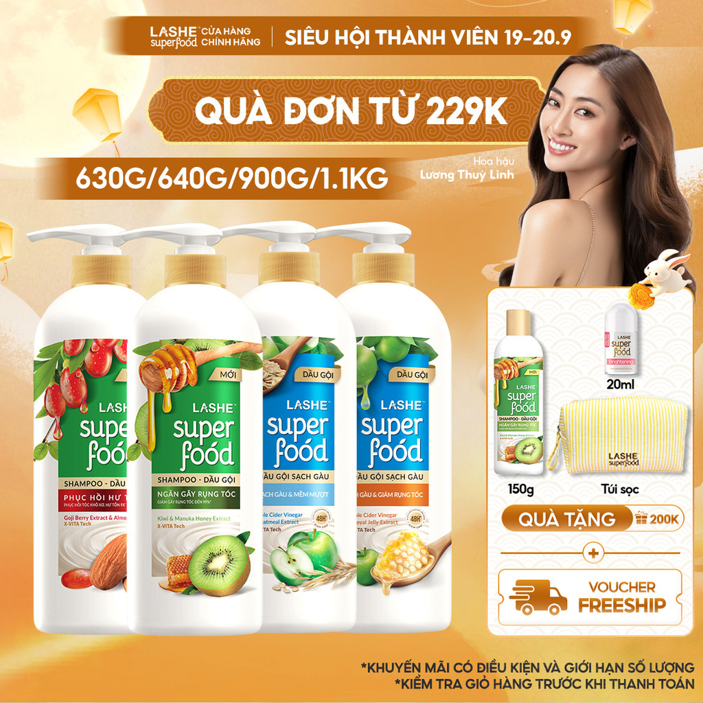 Dầu Gội LASHE SUPERFOOD Ngăn Gãy Rụng Tóc/Phục Hồi Hư Tổn /Sạch Gàu Giảm Rụng /Sạch Gàu Mềm Mượt 300G/ 640G/ 630G/ 1.1KG