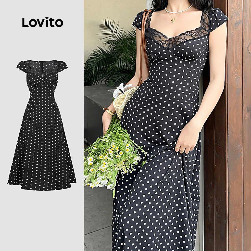 Lovito Đầm phong cách thường ngày phối ren mùa xuân/hè màu đen cho nữ L200AD227