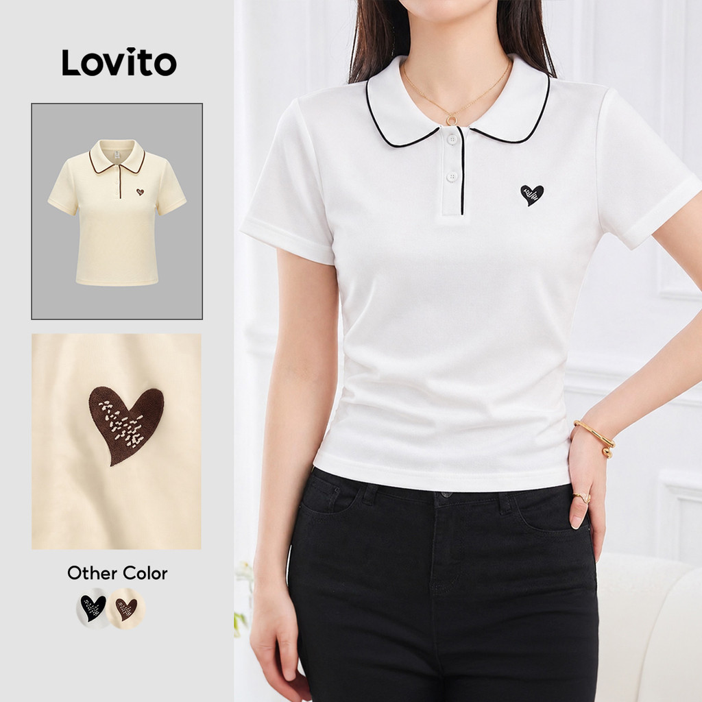 Áo thun Lovito phong cách thường ngày viền tương phản mùa xuân/hè màu trắng cho nữ LNE109D004