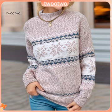 [twootwo] Áo len nữ in hình Áo len phong cách Bohemian Áo len mùa đông dành cho nữ Áo len Giáng sinh cổ cao nửa cổ dày ấm áp dệt kim dài tay họa tiết bông tuyết đầy màu sắc cho mới