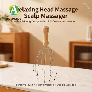 Máy mát xa đầu APPEAPE, Tay cầm bằng gỗ Máy mát xa da đầu dây kim loại linh hoạt, Đầu tròn di động Tám khung móng vuốt Đầu mịn Công cụ thư giãn da đầu tại nhà Giảm căng thẳng