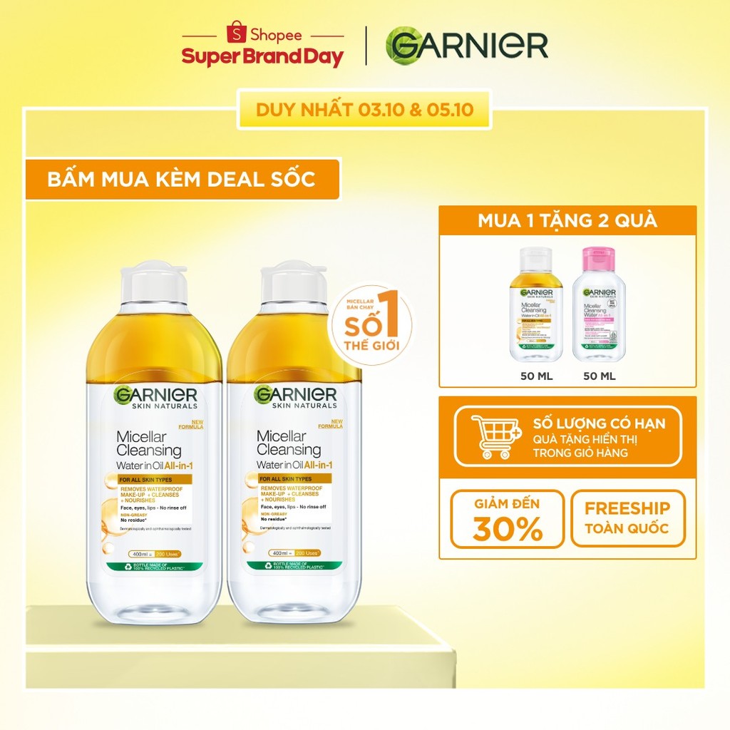 Bộ 2 nước làm sạch và tẩy trang cho da khô & trang điểm Garnier Micellar Water 400ml x 2