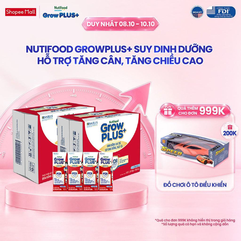 Thùng SBPS Nutifood GrowPLUS+ ít đường Suy Dinh Dưỡng - Tăng Cân, Tăng Chiều Cao (48 Hộp x 180ml) (Bao bì tùy lô hàng)