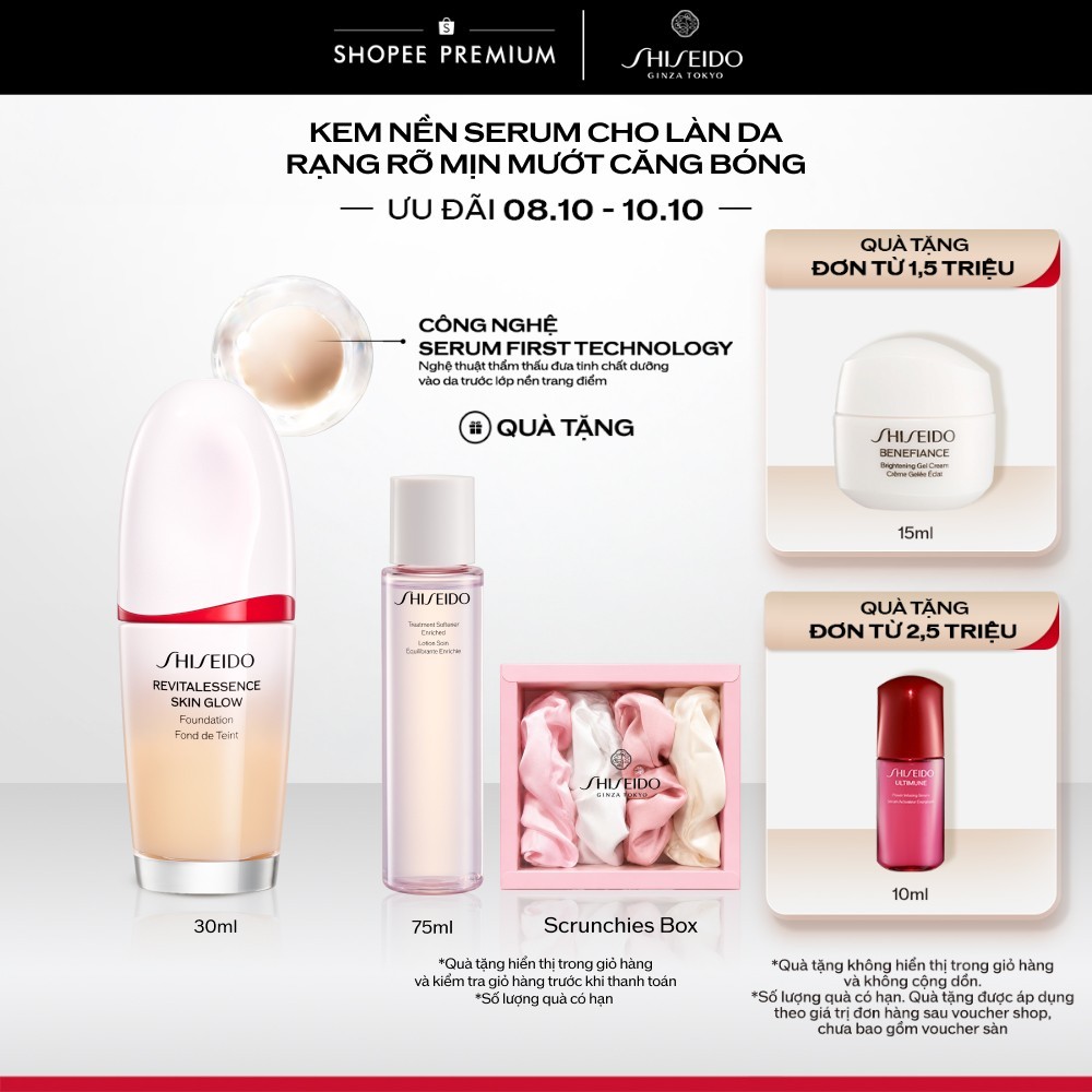 Kem Nền Serum Cho Làn Da Rạng Rỡ Mịn Mướt Căng Bóng Shiseido Revitalessence Skin Glow Foundation 30ml