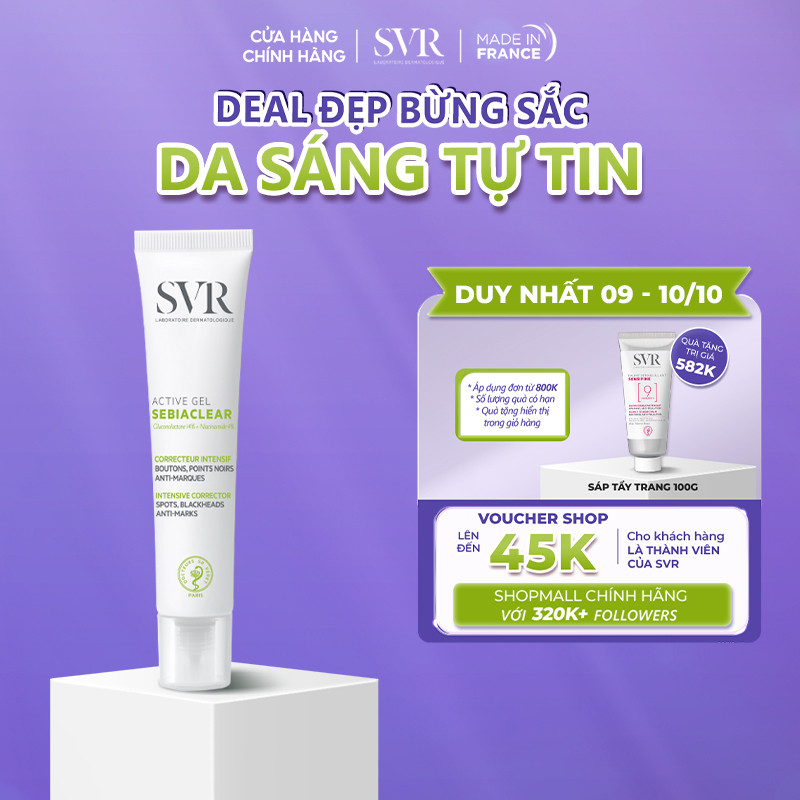 [ĐƠN 800K TẶNG QUÀ] Kem dưỡng giảm mụn, ngừa thâm, kiểm soát dầu nhờn SVR Sebiaclear Active Gel 40ml