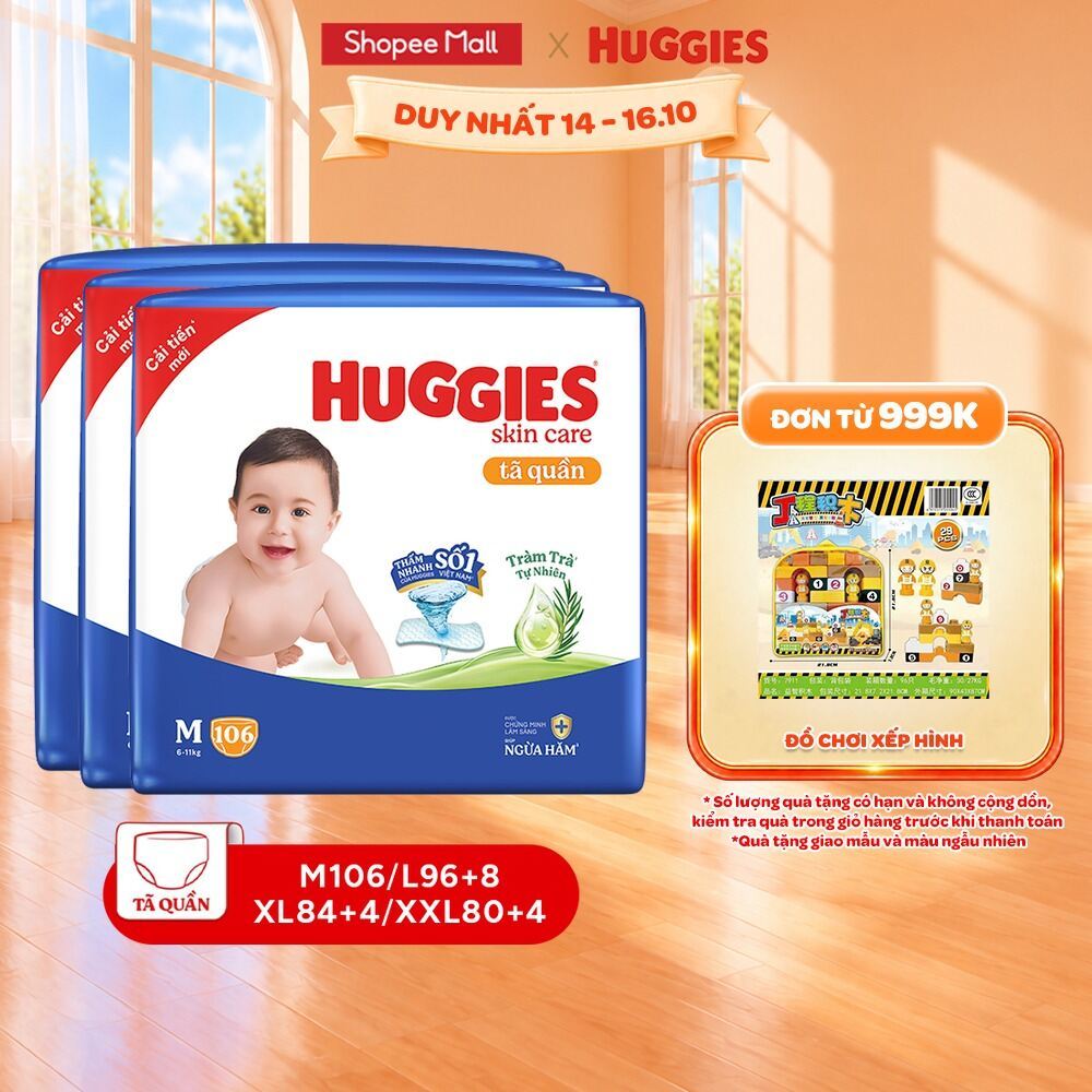 Combo 3 gói Tã/Bỉm quần Huggies Skincare Mega Jumbo M106/L96/XL84/XXL76 với tràm trà dịu da