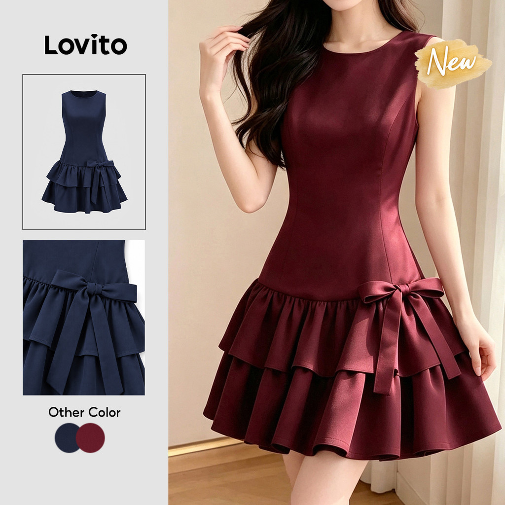 (New Arrival) Lovito Đầm nữ dáng chữ a ngắn màu đỏ Vang xếp tầng nhiều lớp thắt nơ phía trước Tinh tế Phong cách thường ngày phù hợp mùa xuân hè Tết Nguyên đán và cuối tuần DRB204P1D063