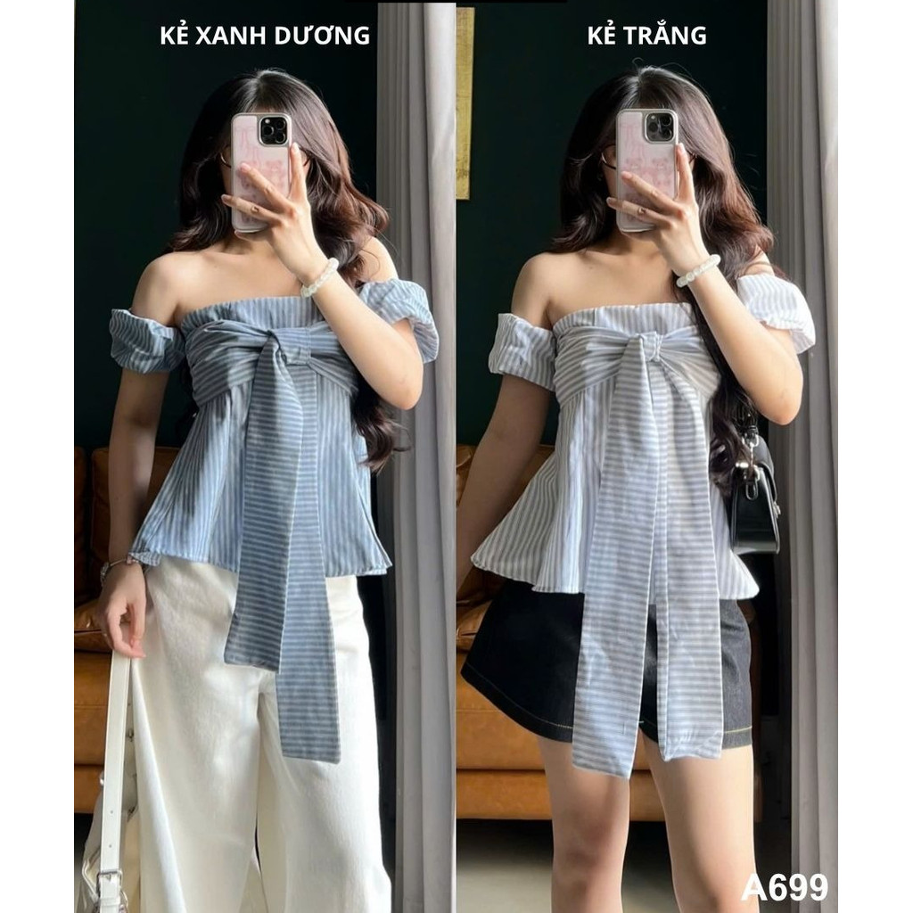 Áo kẻ trễ vai thắt dây ngực chiết eo tay bo chun mặc được nhiều kiểu (có cúc tháo rời) IVORY TOP_A699