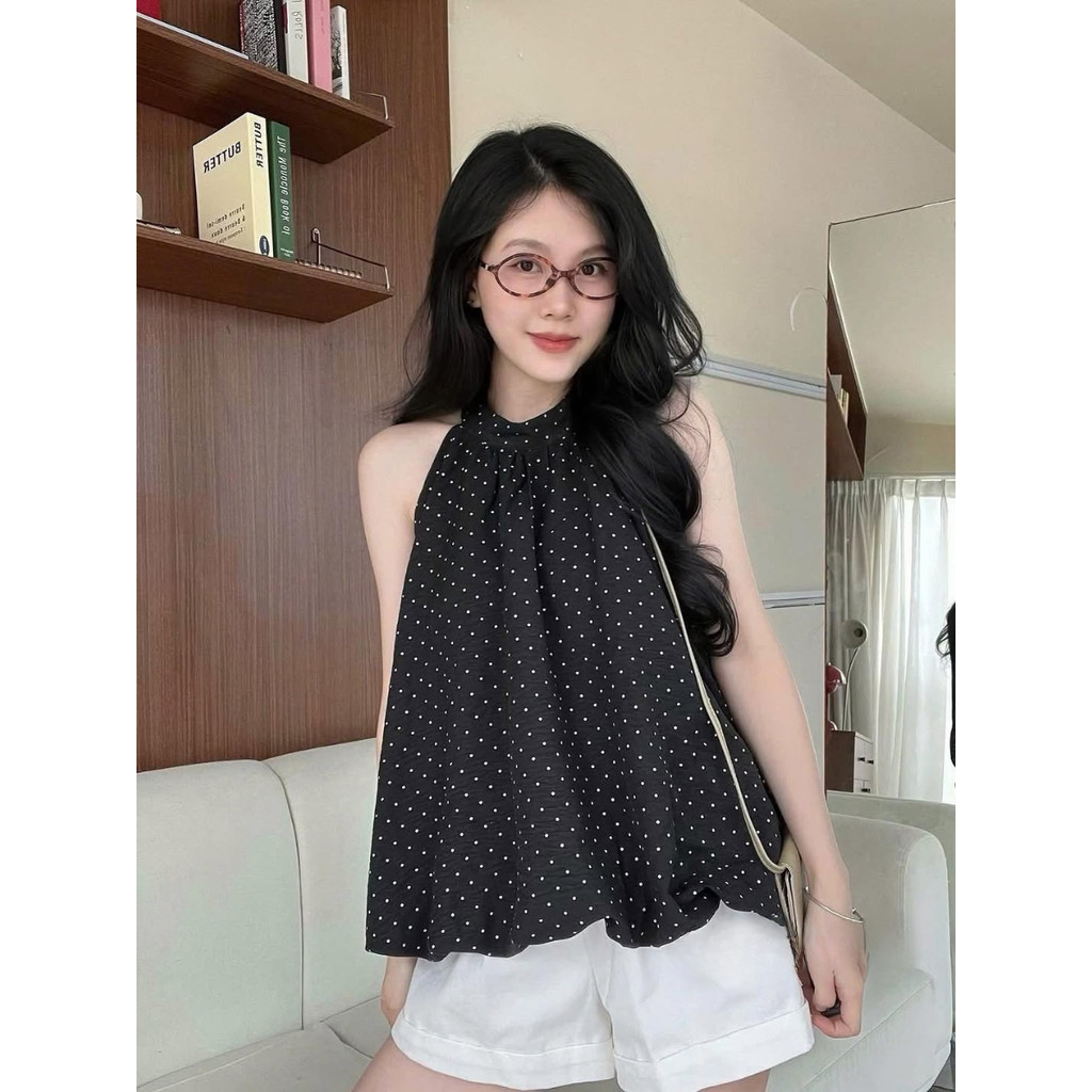 Áo Cổ Yếm Nữ Dáng Bí Trứng Phồng Freesize- Áo Babydoll Họa Tiết Kẻ Sọc Thiết Kế Độc Lạ_A593