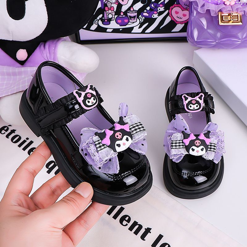 Giày Da Bé Gái Kuromi Xuân Thu Phong Cách Mới Trẻ Em Nơ Giày Công Chúa Bé Gái Đế Mềm Gothic Giày