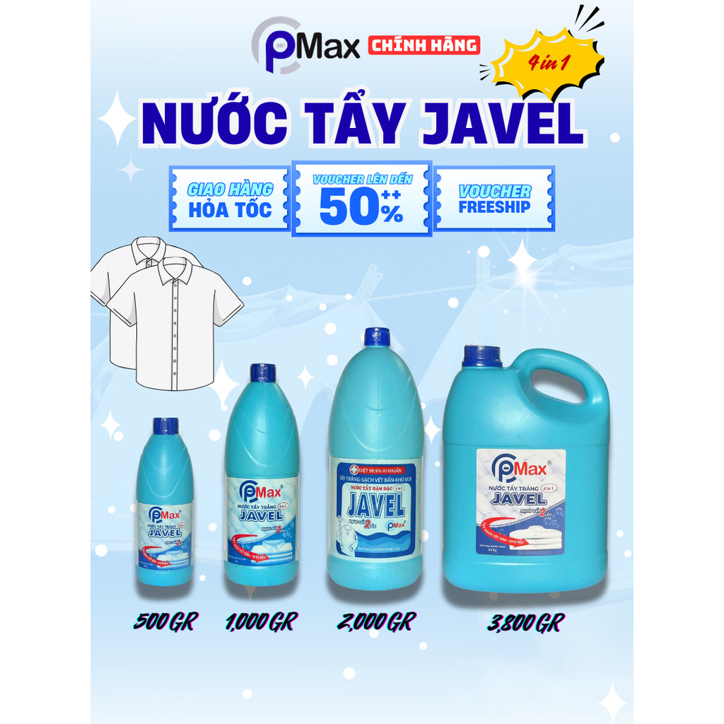 Nước Tẩy Javel PMAX 4 in 1 Power x2 -Làm Sạch Nhanh, Khử Mùi, Diêt Khuẩn, Đa Dụng, Vệ Sinh Máy Giặt