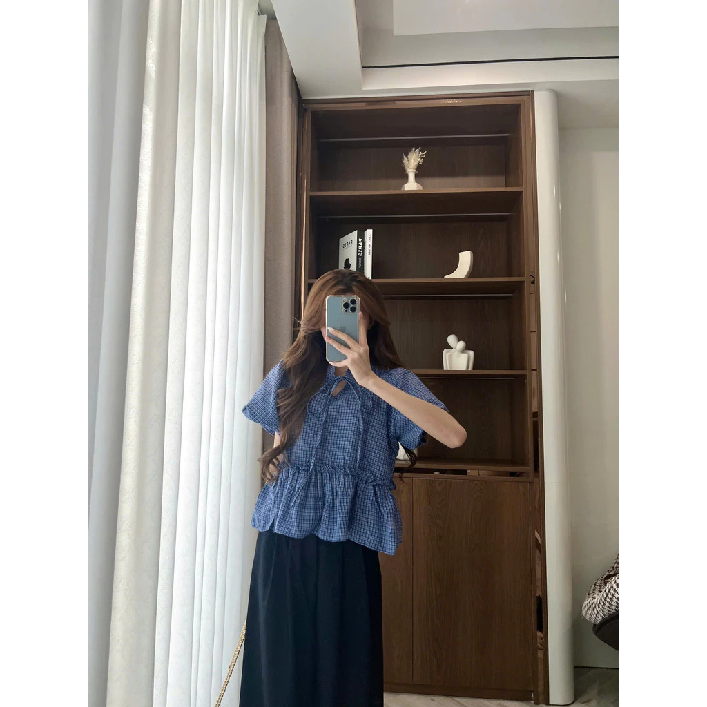 Áo Babydoll Kẻ Cổ Tàu Buộc Dây Cộc Tay, Áo Babydoll Nữ Ngắn Tay Buộc Nơ Dáng Rộng Chất Thô_A557