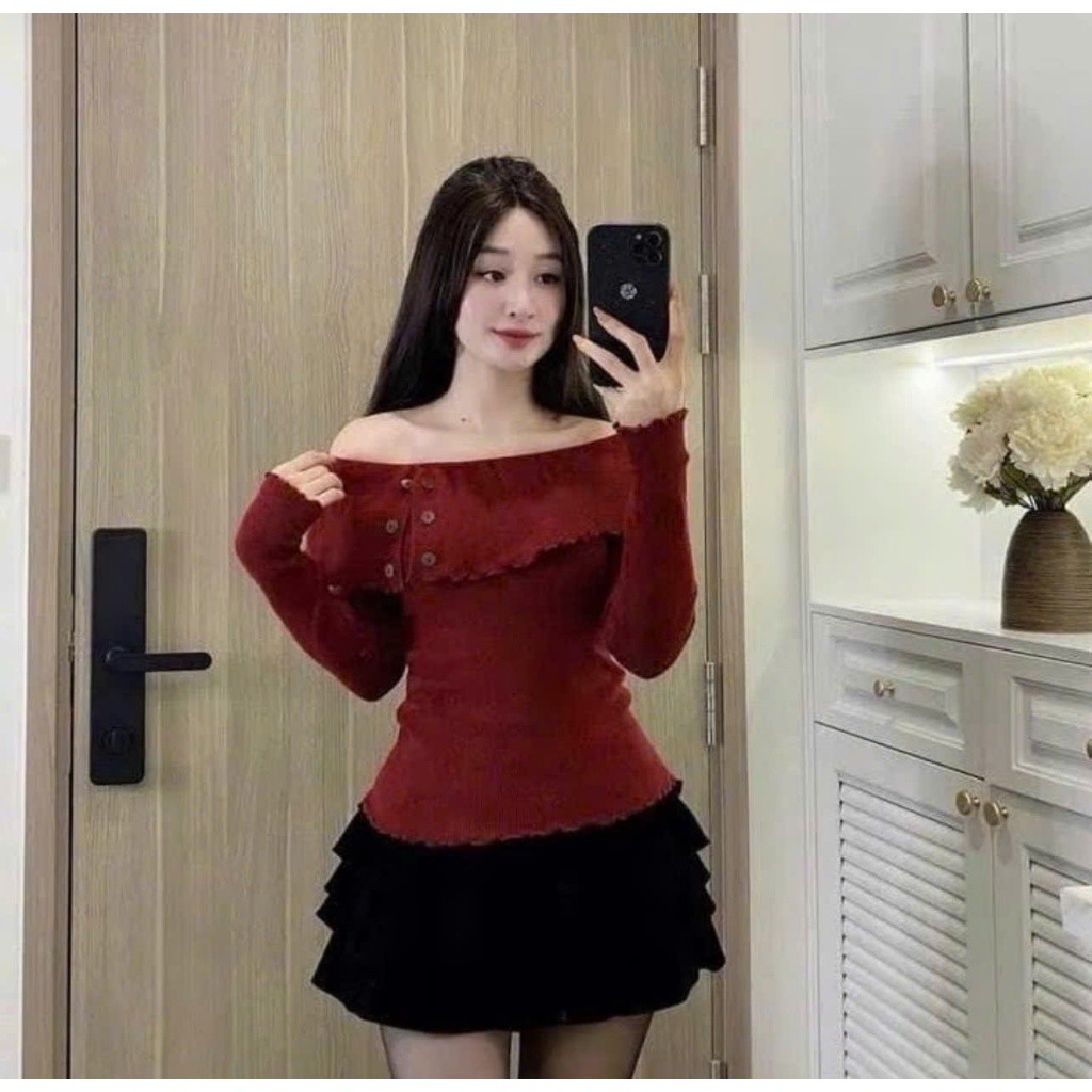 Set áo hở vai phối nút thun tăm kèm chân váy bí  Bs059 vải dày dặn size 45-90kg- Em Xinh Bigsize