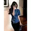 Áo sơ mi ngắn tay Denim cổ tròn màu xanh sang trọng cao cấp dành cho nữ