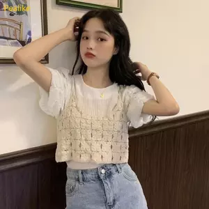 Pealike Nữ Không Tay Crop Cho Xe Tăng Boho Rỗng Móc Đan Kẻ Sọc Sling Cami