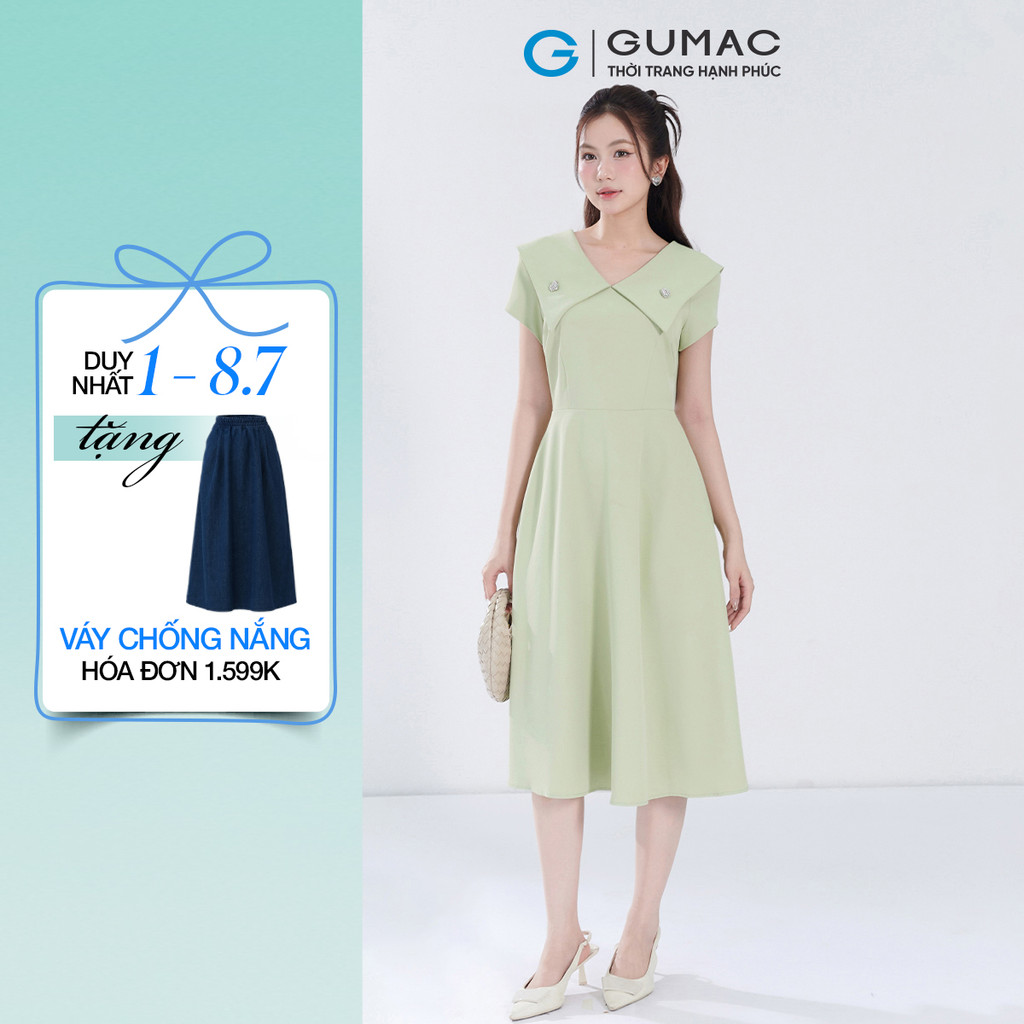 Đầm Nữ Form A GUMAC Cổ V Đính Phụ Kiện Chất Chéo Nhật Thanh Lịch DF07048