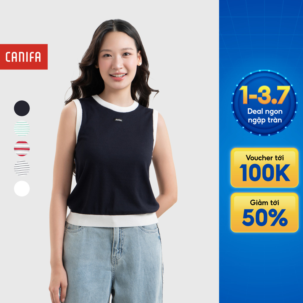 Áo len nữ CANIFA mỏng nhẹ mềm mại form vừa sát nách phối màu có họa tiết 6TE26S004