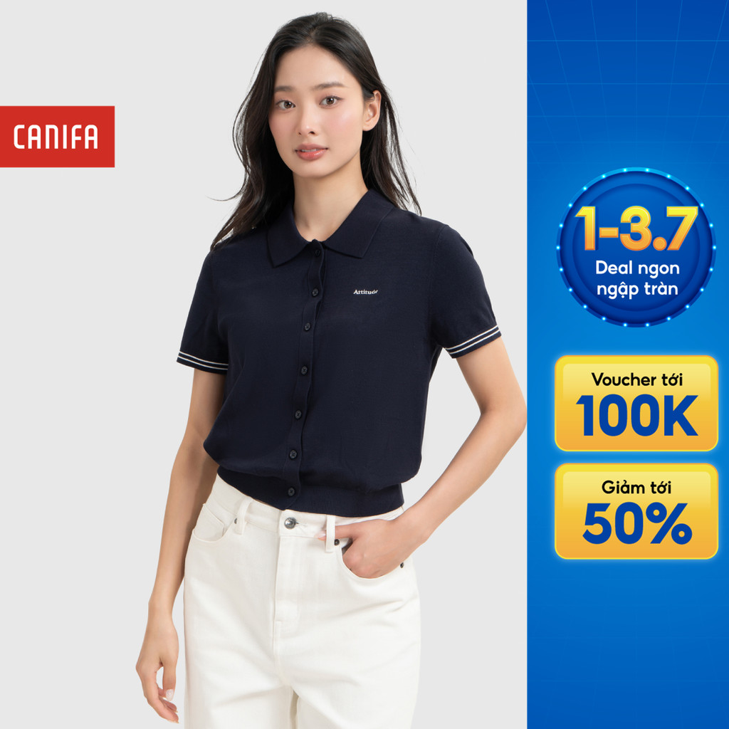 Áo len polo nữ CANIFA cổ bẻ cộc tay phối line mềm mịn co giãn 6TE26S005