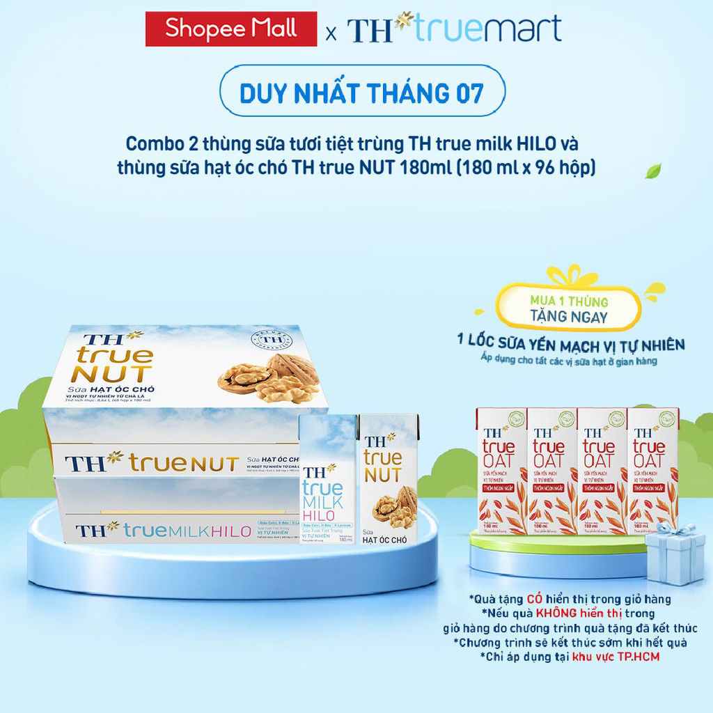 Combo 1 Thùng sữa tươi tiệt trùng TH true Milk HILO và 1 Thùng sữa hạt óc chó TH true Nut 180ml x 96 hộp